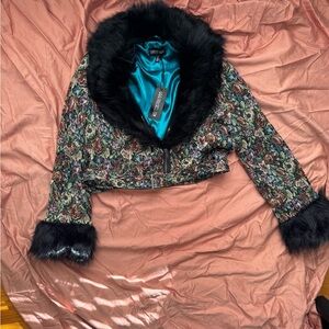Current Mood Multicolor Floral Teddy Jacket with Black Faux Fur